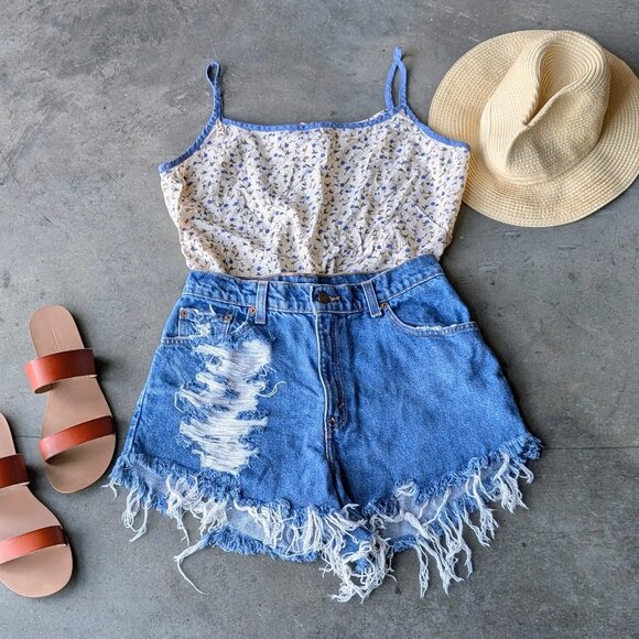 Vintage Tops - Vintage Funky People Ivory Blue Floral Cut Out Tie Back Tank Top